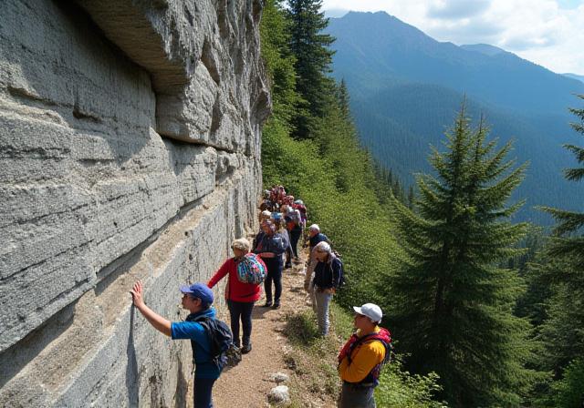 A group of hikers with a guide pointing to a stratified layer of rock on a cliffside near Squamish.