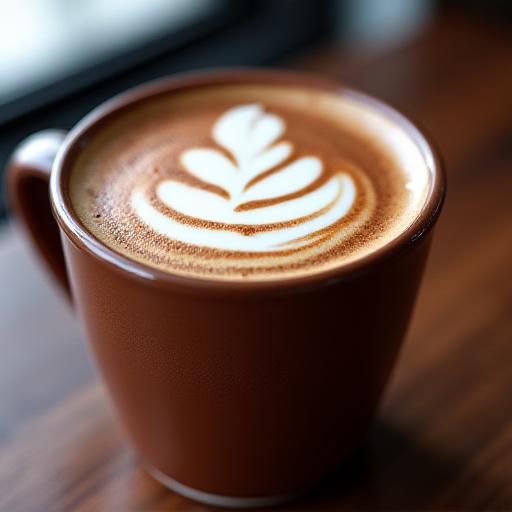 A close-up of a Magma Mocha with detailed latte art in a branded Fumarole Fuel ceramic mug.
