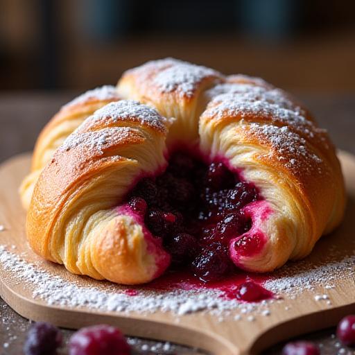 A freshly baked Lava Flow Croissant cut open to show the warm berry filling oozing out.